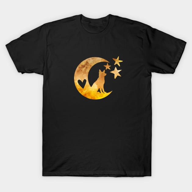 German Shepherd Dog on a Half Moon with Stars T-Shirt by BittenByErmines